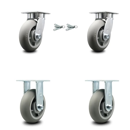 Service Caster 6 Inch Kingpinless Thermoplastic Rubber Wheel Caster Swivel Locks 2 Rigid, 2PK SCC-KP30S620-TPRRD-BSL-2-R-2